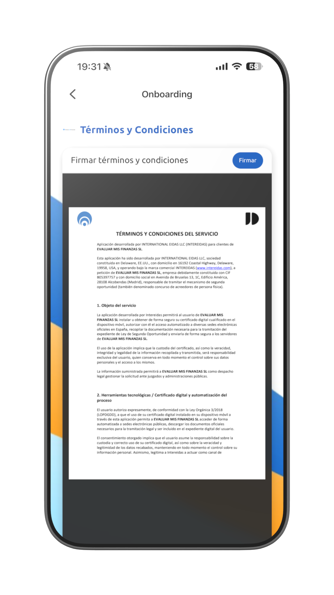 Documento de términos y condiciones con el botón Firmar