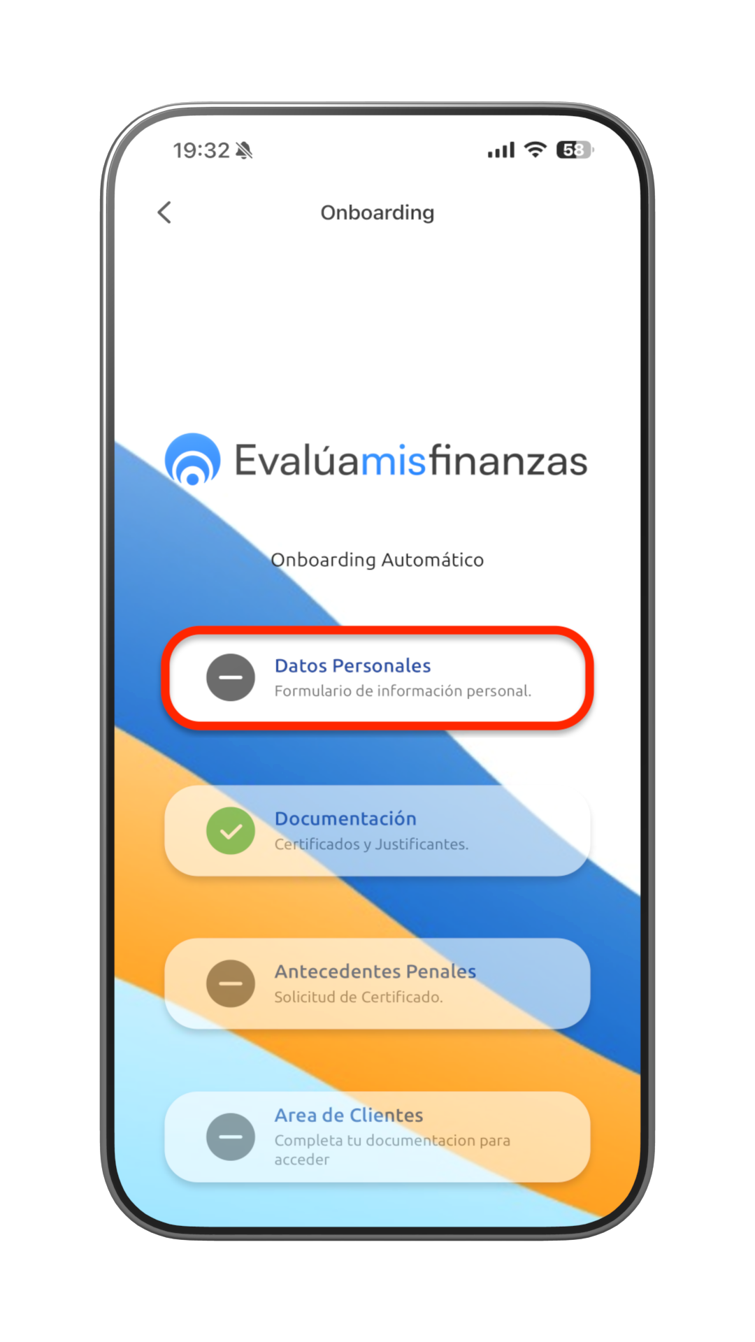 Onboarding Automático con el paso Datos Personales resaltado