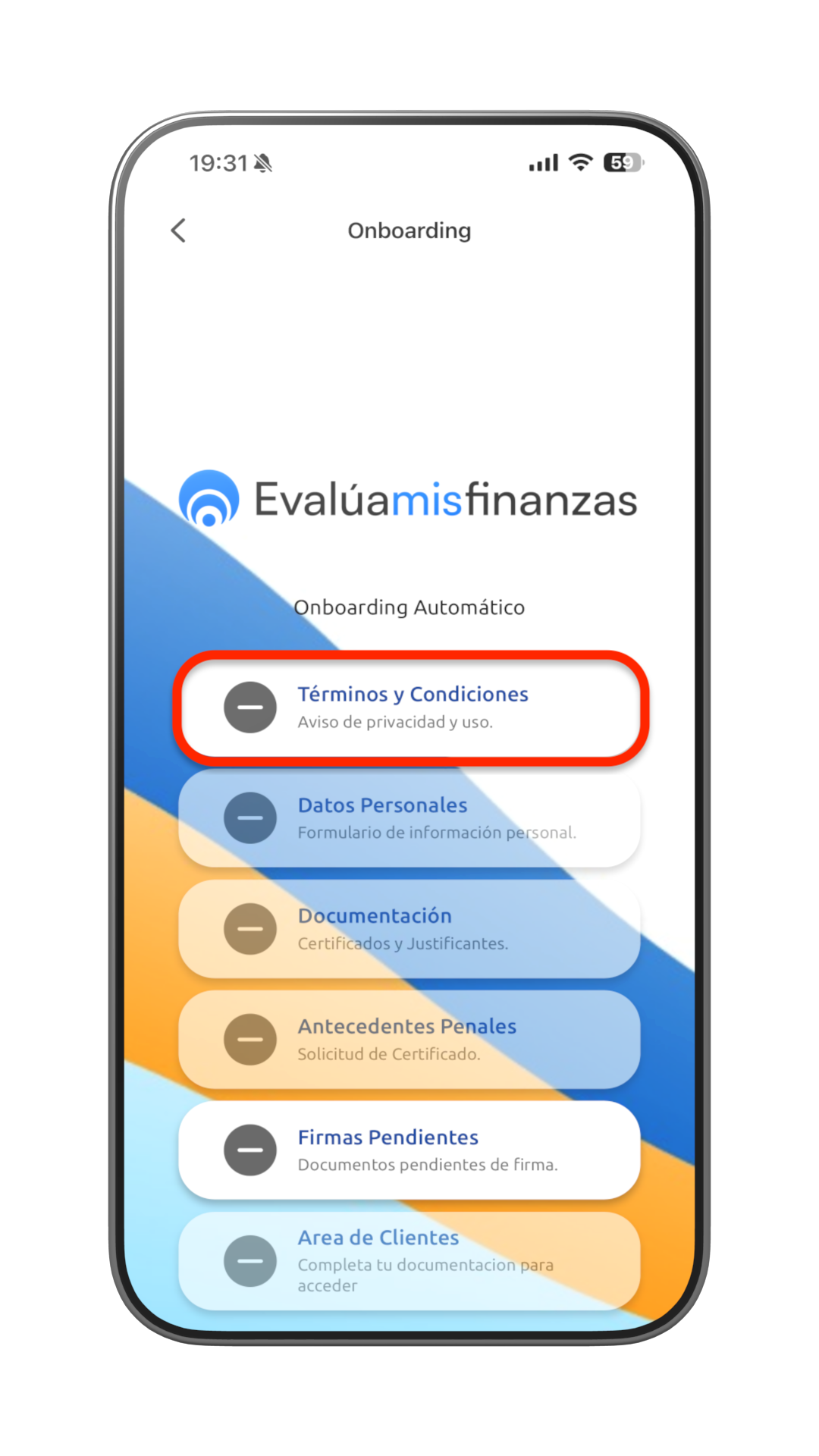 Pantalla de Onboarding Automático con el paso Términos y Condiciones resaltado