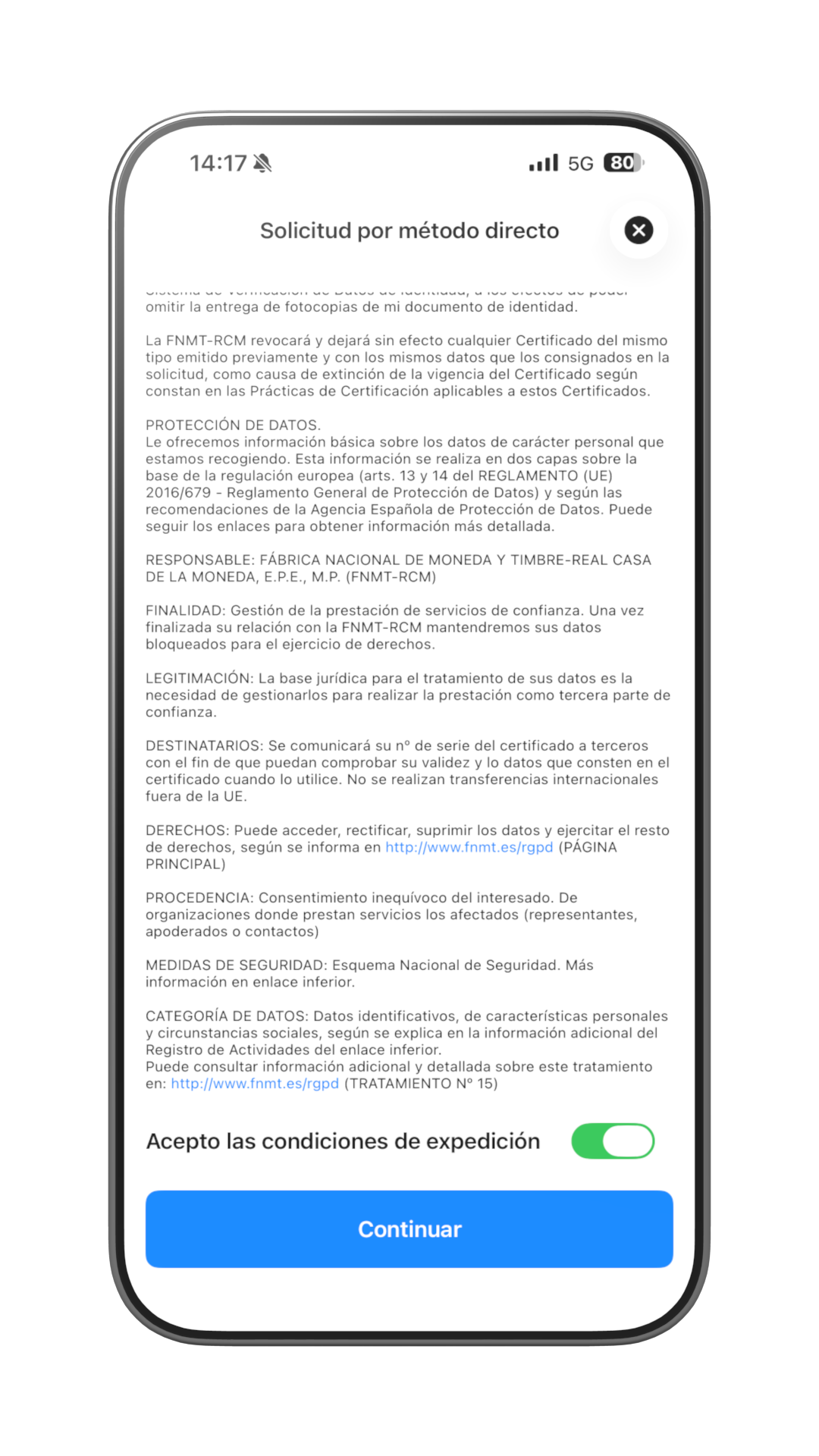Pantalla de condiciones del método directo
