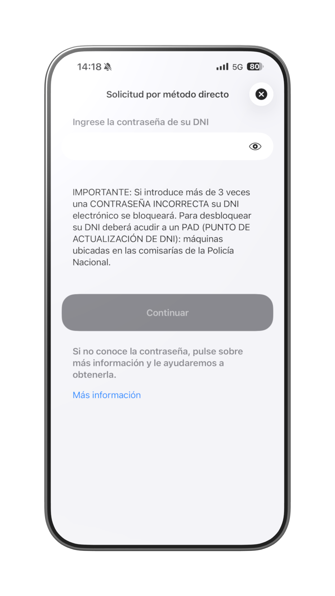 Pantalla de contraseña del DNI
