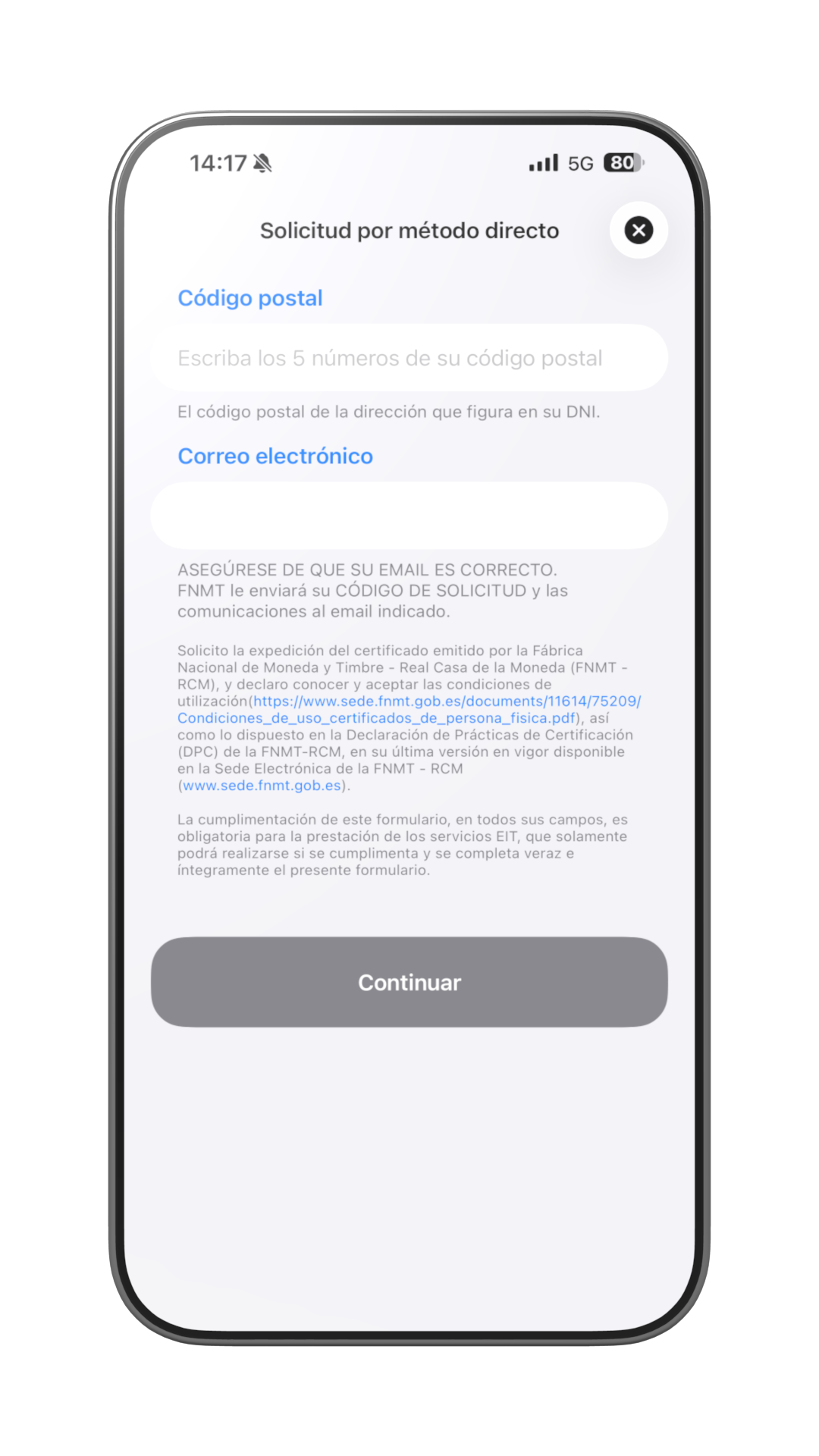Formulario de código postal y correo electrónico