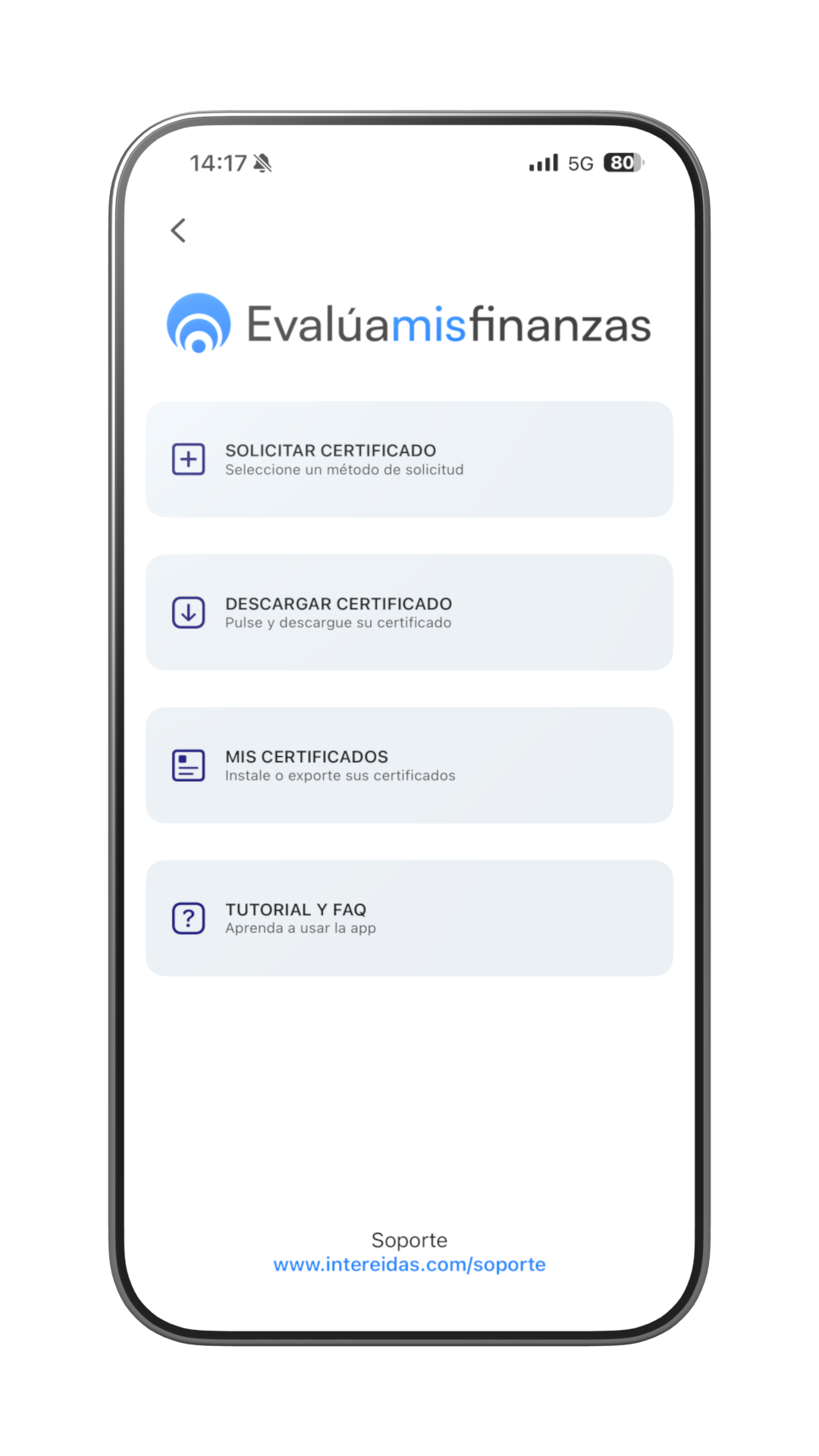 Menú del certificado digital en la app