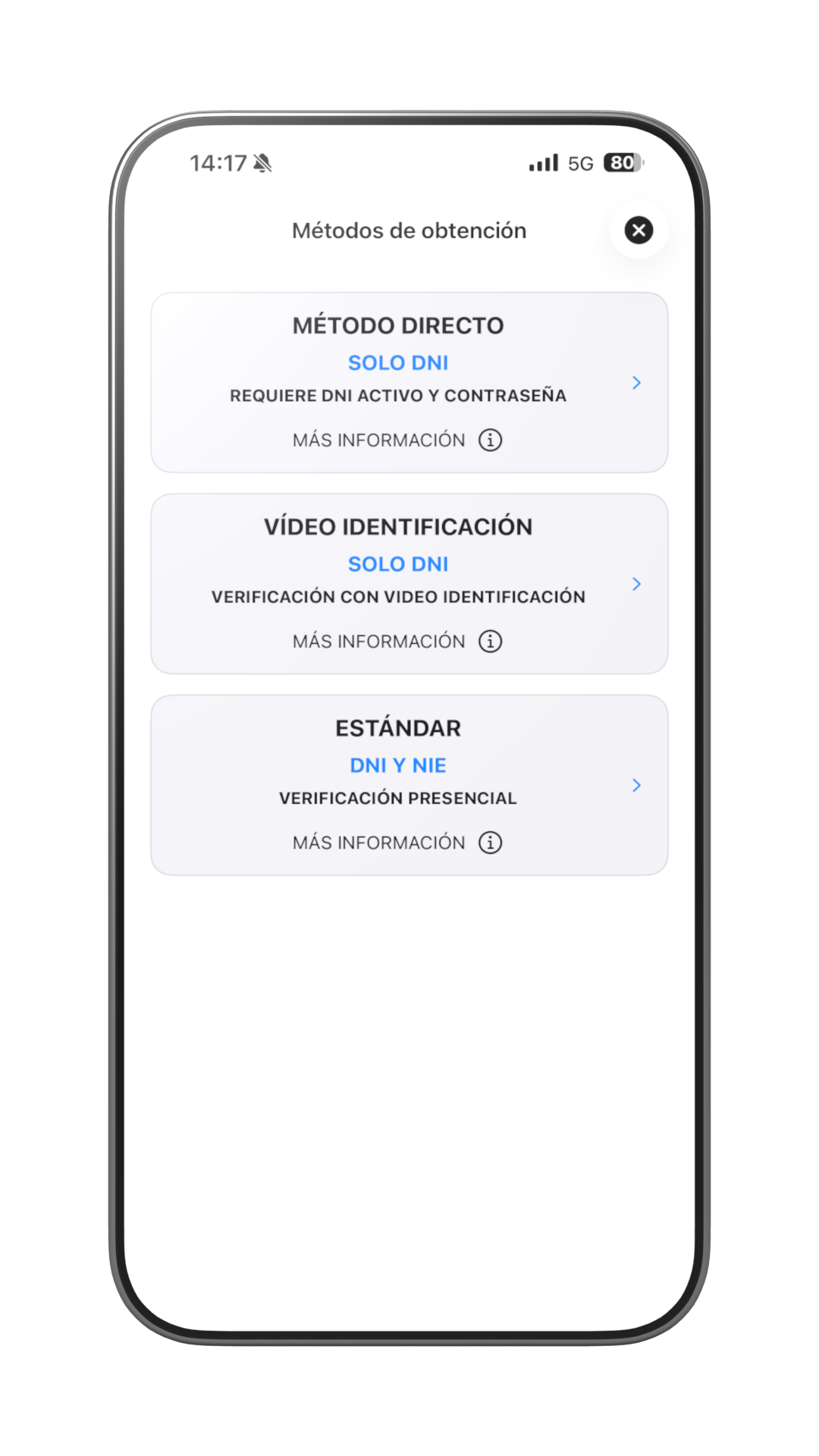 Pantalla de métodos de obtención del certificado