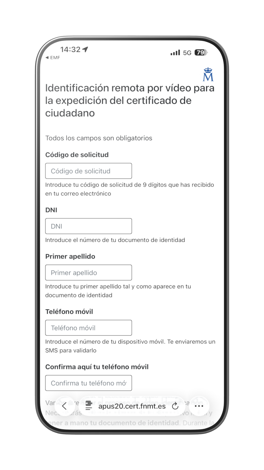 Formulario de datos de la FNMT