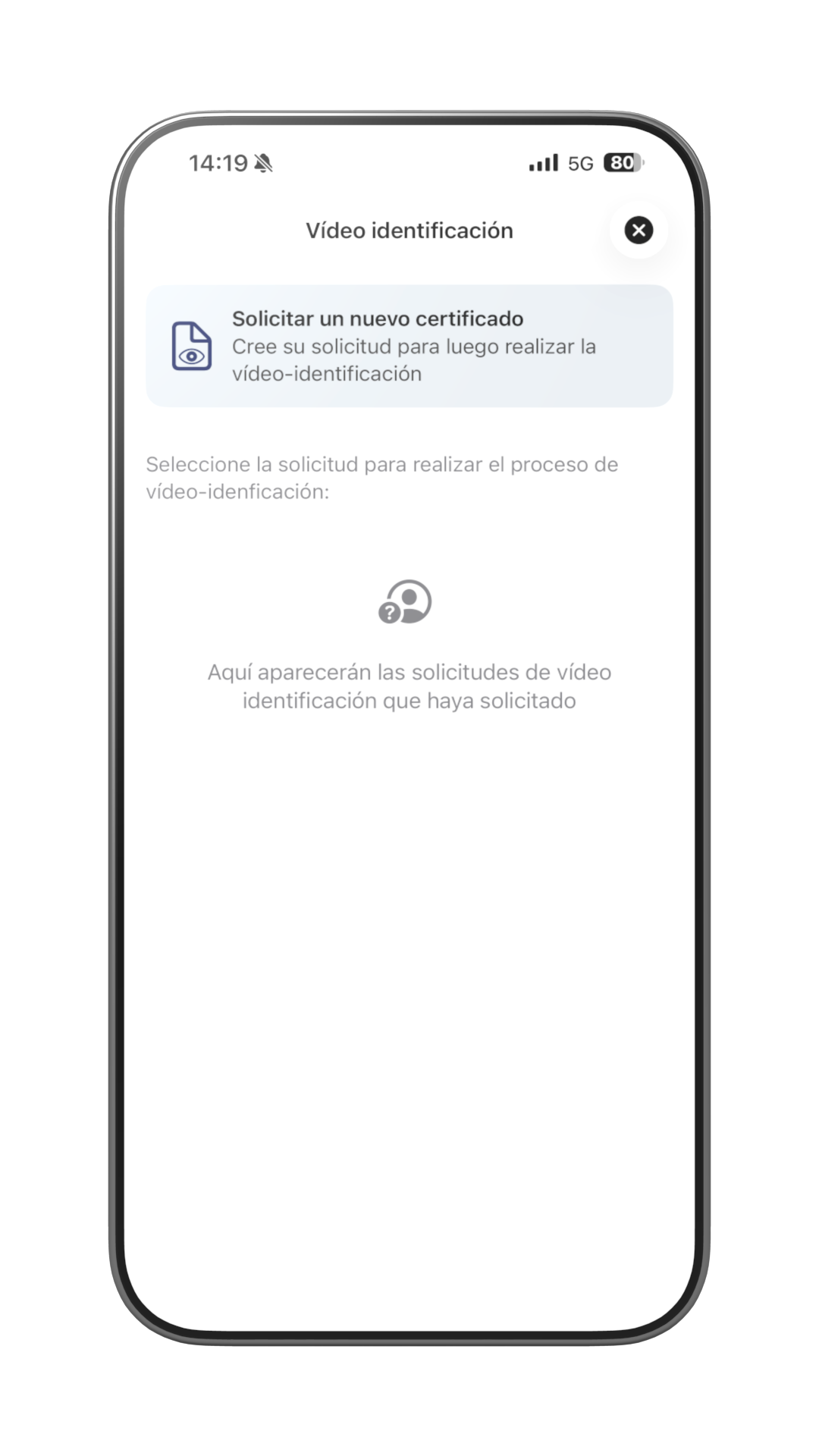 Pantalla para solicitar un nuevo certificado por vídeo